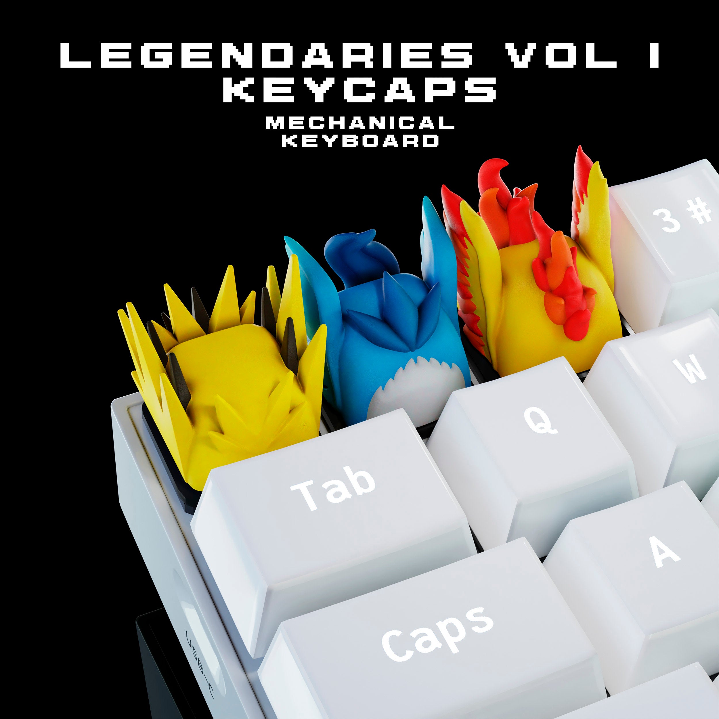 legendary pokemon keycaps,  Articuno keycap, Zapdos keycap,   3d hiko key, Moltres keycap, pokemon keycap, pokemon center key