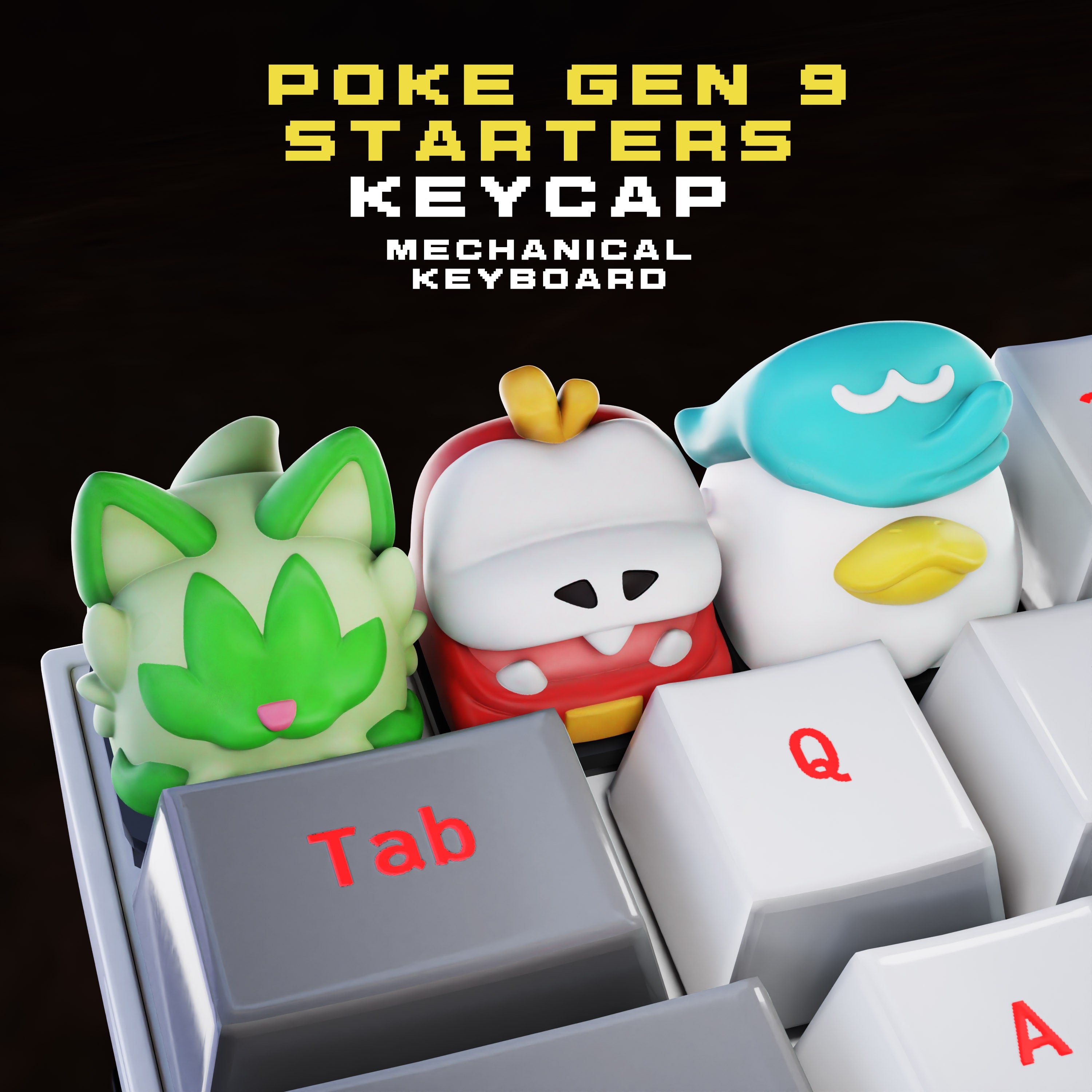 pokemon gen 9 starters keycap, 3d hiko key, pokeball keycap, keycap collection, Sprigatito keycap, Fuecoco keycap, Quaxly key